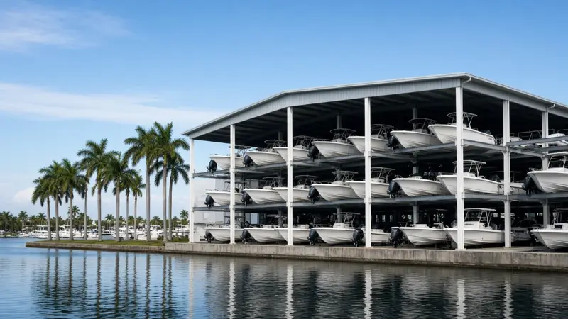 Illustrative dry-stack boat storage building beside a marina