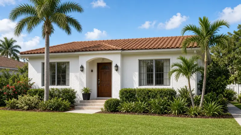 Illustrative white stucco Florida home with palm trees