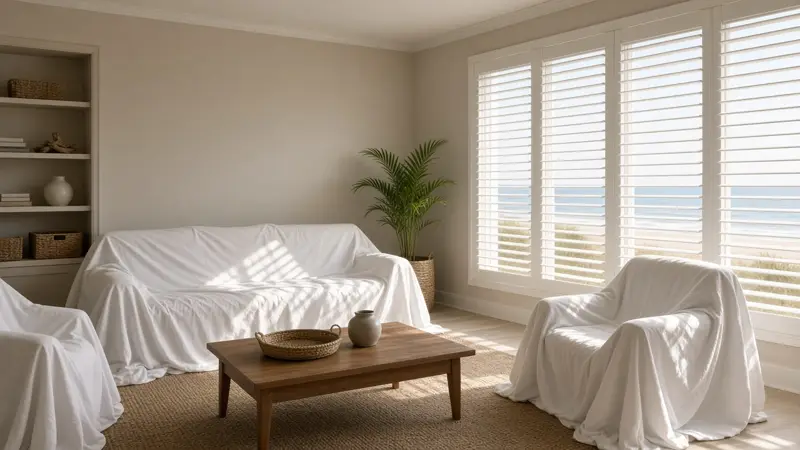Illustrative coastal living room with furniture covered for the season