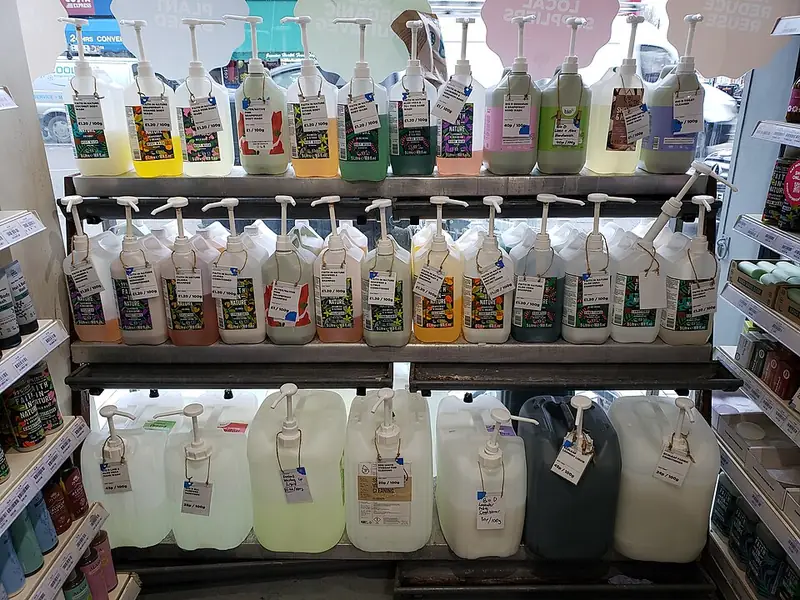 Shelves of cleaning-product refill bottles