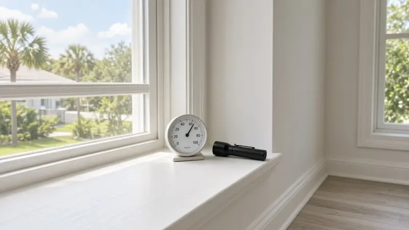 Illustrative humidity gauge and flashlight on a windowsill