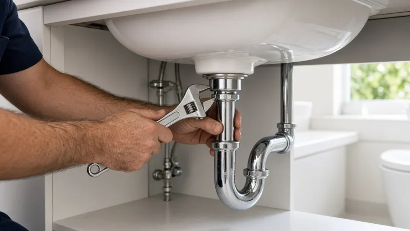Plumber tightening a chrome drain fitting under a bathroom sink