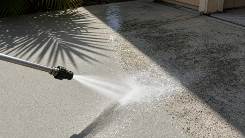 Illustrative pressure washer cleaning a concrete driveway