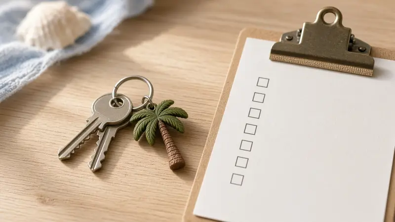 Illustrative house keys with a palm keychain beside a checklist