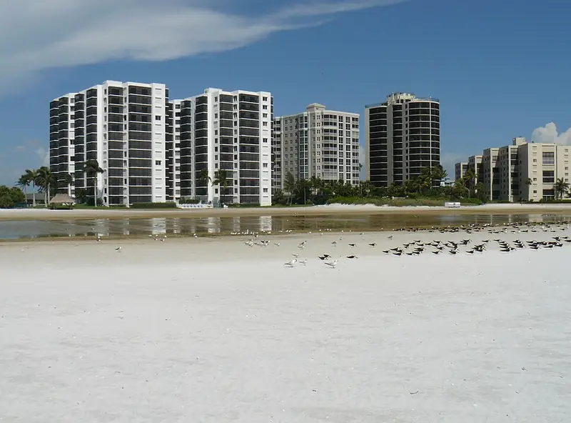 Condominium towers along the white sand of Fort Myers Beach